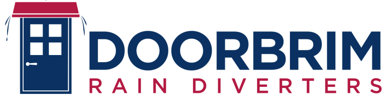 DOORBRIM rain diverter logo shows blue door with red rain guard above.