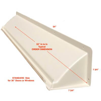 Almond DOORBRIM reain diverter with dimensions. Viewed front right to rear left.
