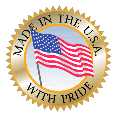 Made in the USA with pride symbol on gold circle graphic with American flag in center.
